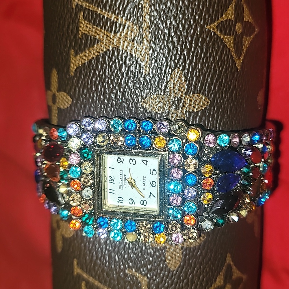 Figaro Couture Multicolored Gemstone Watch Bangle Band Bling Iced‎ Out Sparkle